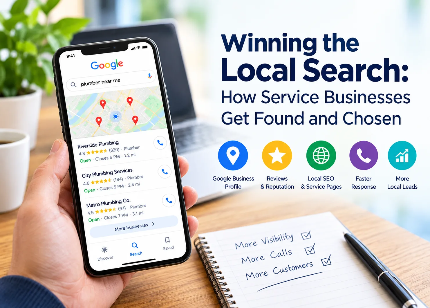A modern local SEO banner shows a smartphone displaying Google local search results and map listings, alongside icons representing Google Business Profile, reviews, local SEO, faster responses, and leads. A business workspace background reinforces visibility, customer trust, and local marketing.